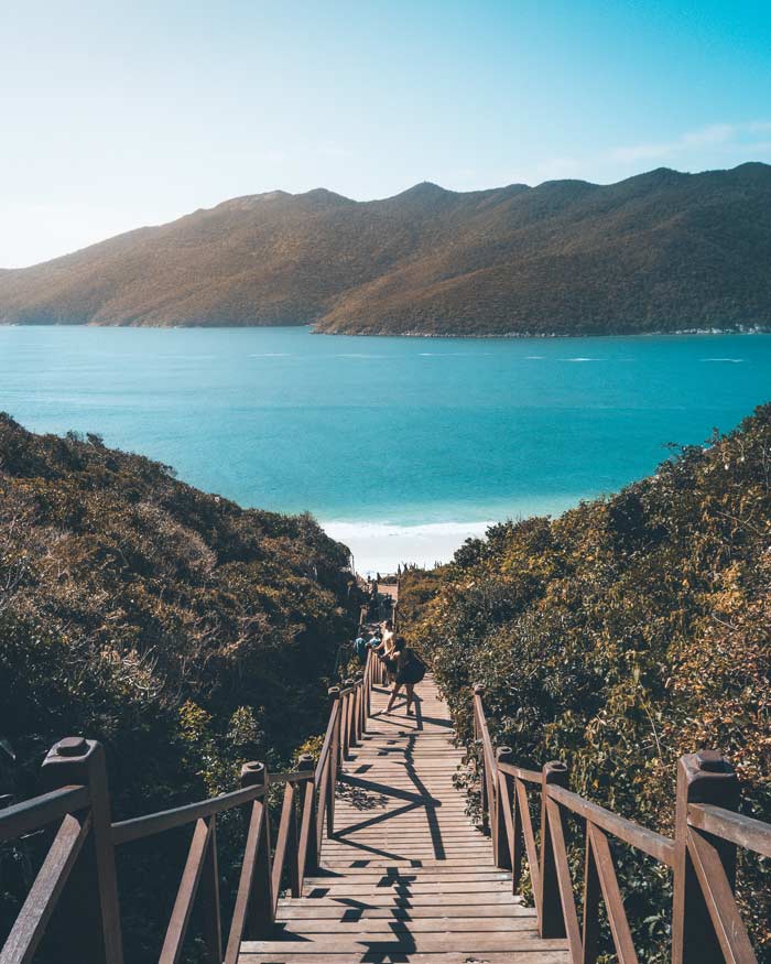 Wooden staircase to Pontal do Atalaia Beach in Arraial do Cabo, Rio de Janeiro