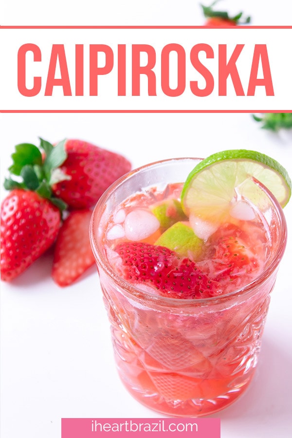 Strawberry caipiroska recipe Pinterest graphic