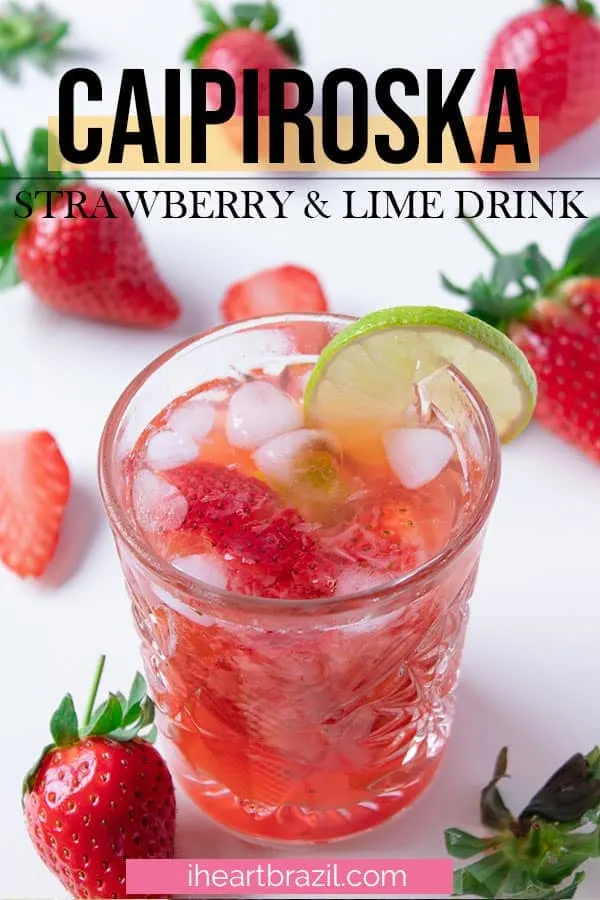 Strawberry caipiroska recipe Pinterest graphic