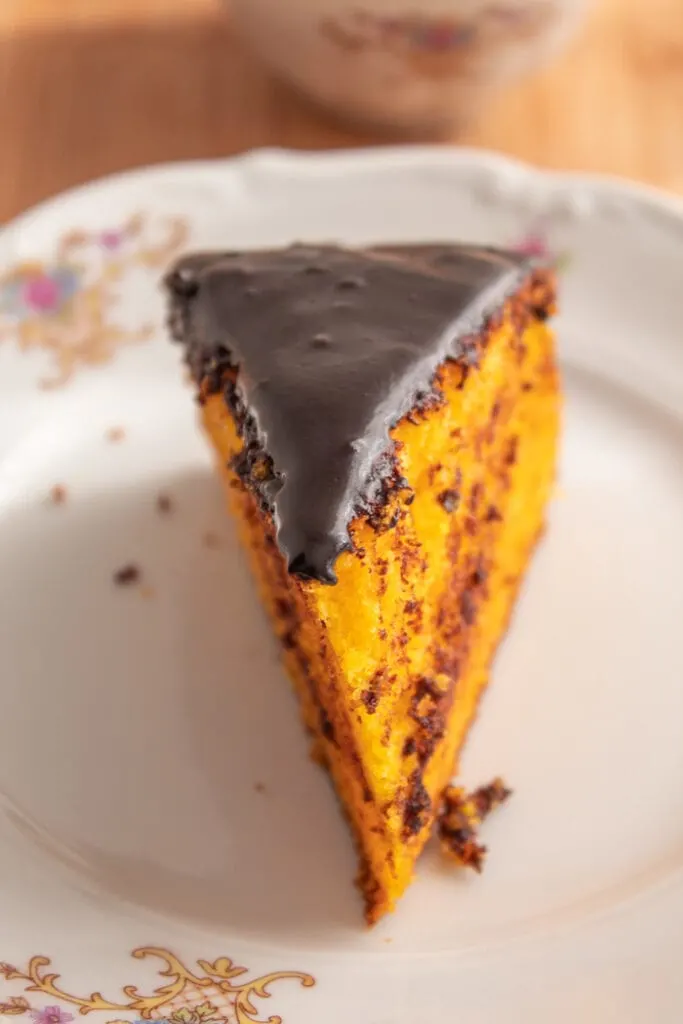 Piece traditional Brazilian carrot cake with chocolate