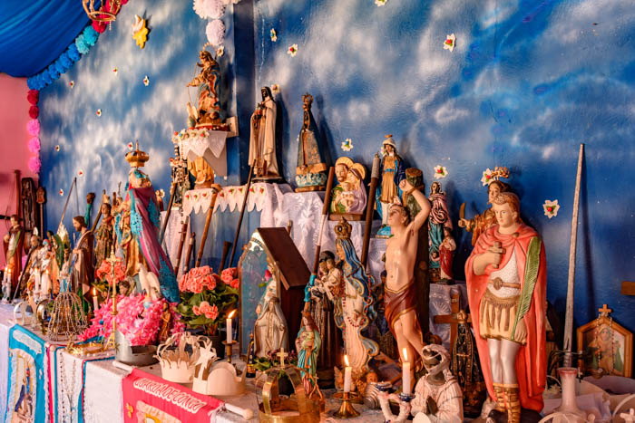 Brazilian religious altar mixing elements of Umbanda, Candomble, and Catholicism