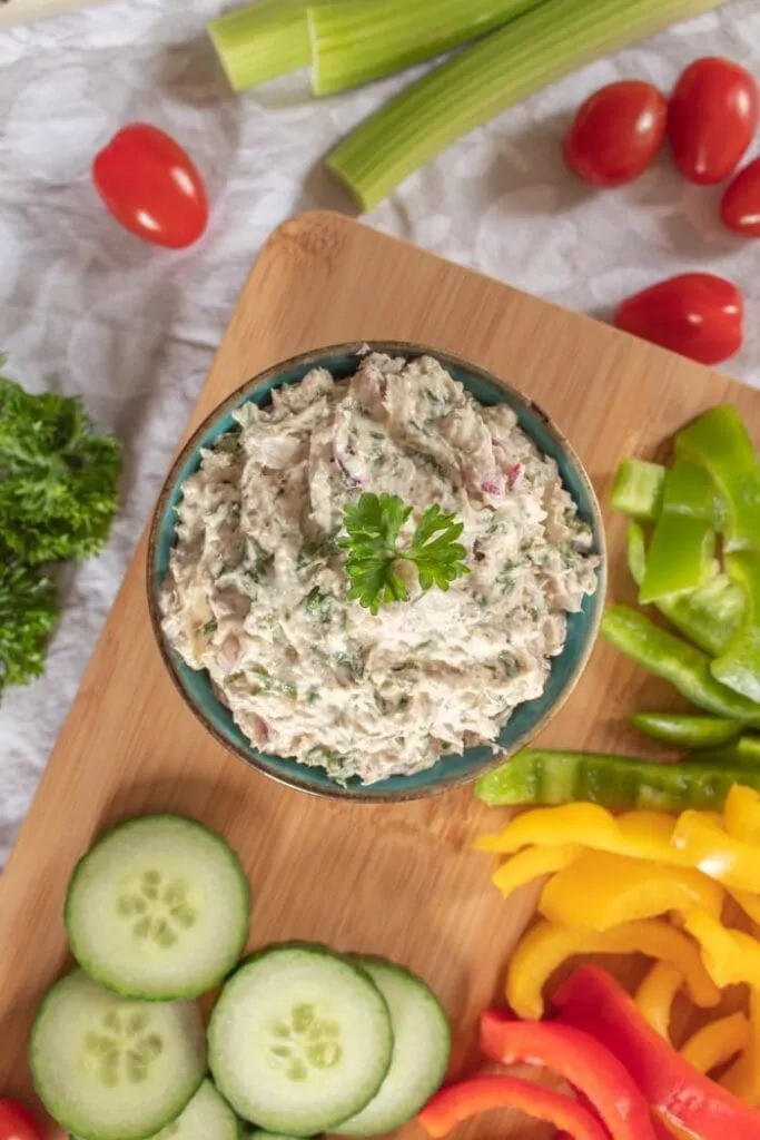 Sardine dip surrounded by vegetables