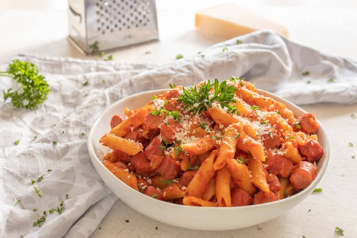 Serving plate with hot dog pasta