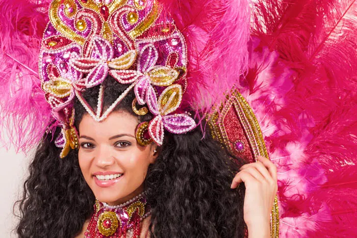 Brazilian woman wearing pink Carnival costume
