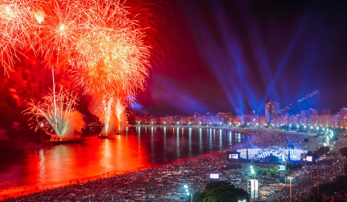 New Years fireworks display along Copacabana Beach, Rio de Janeiro, Brazil