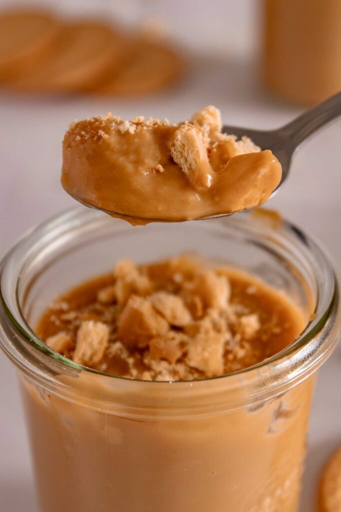 Dulce de leche pudding on a spoon