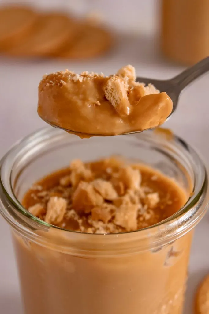 Dulce de leche pudding on a spoon