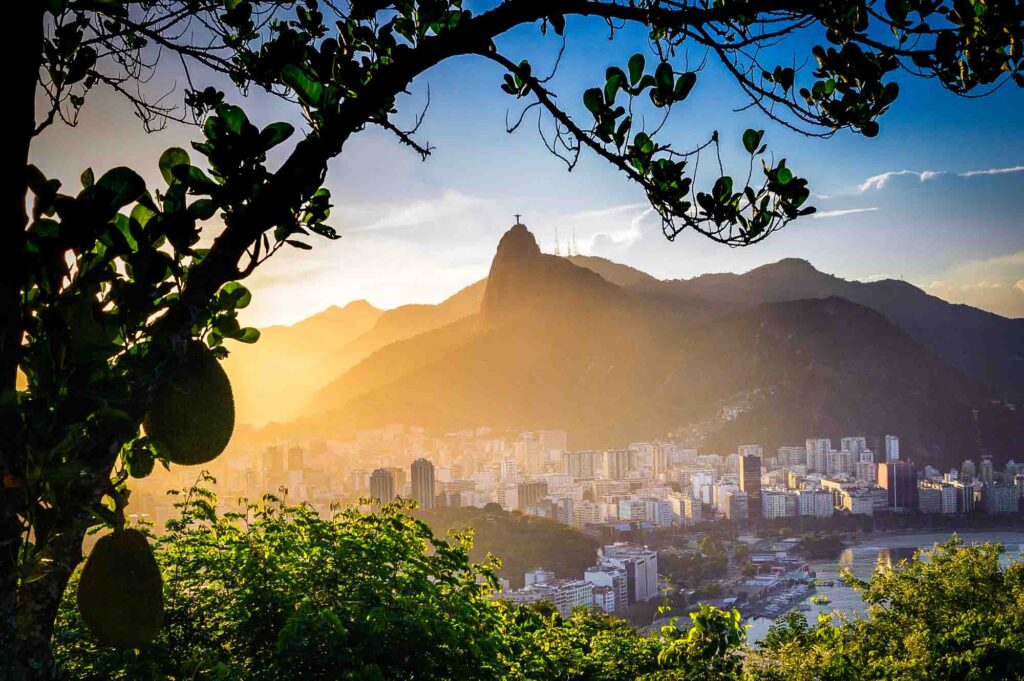 Christ the Redeemer in the horizon during sunset in Rio de Janeiro