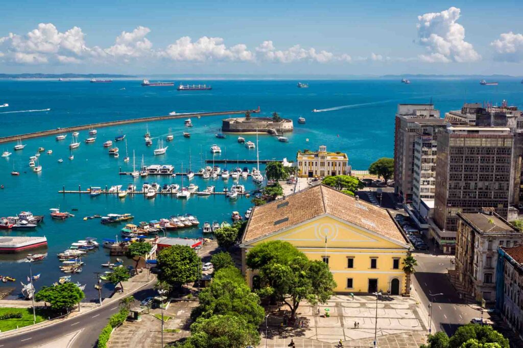 Aerial view of All Saints Bay (Baia de Todos os Santos) in Salvador, Bahia, Brazil.