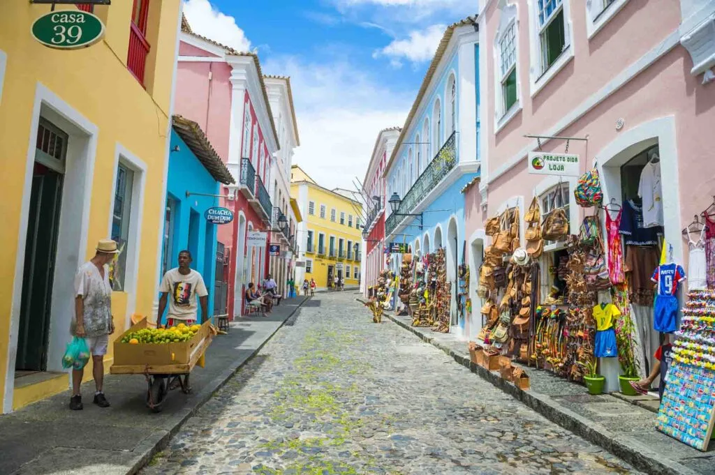 Souvenir shops selling bags and local handicrafts in Pelourinho.