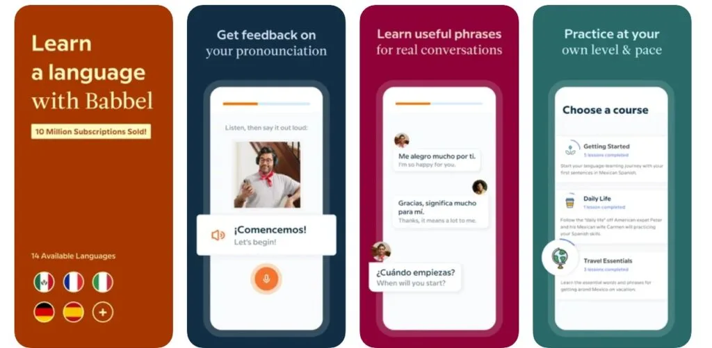 screenshots of Babbel app for learning Brazilian Portuguese