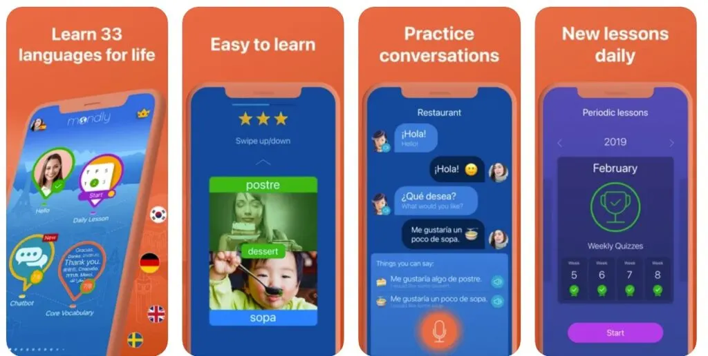 screenshots of Mondly app for learning Brazilian Portuguese