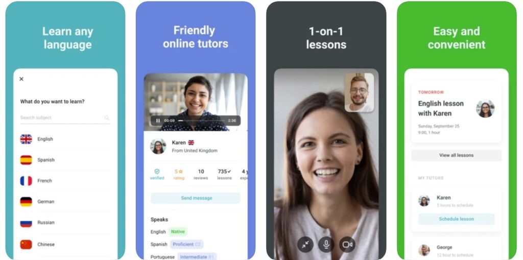 screenshots of Preply app for learning Brazilian Portuguese