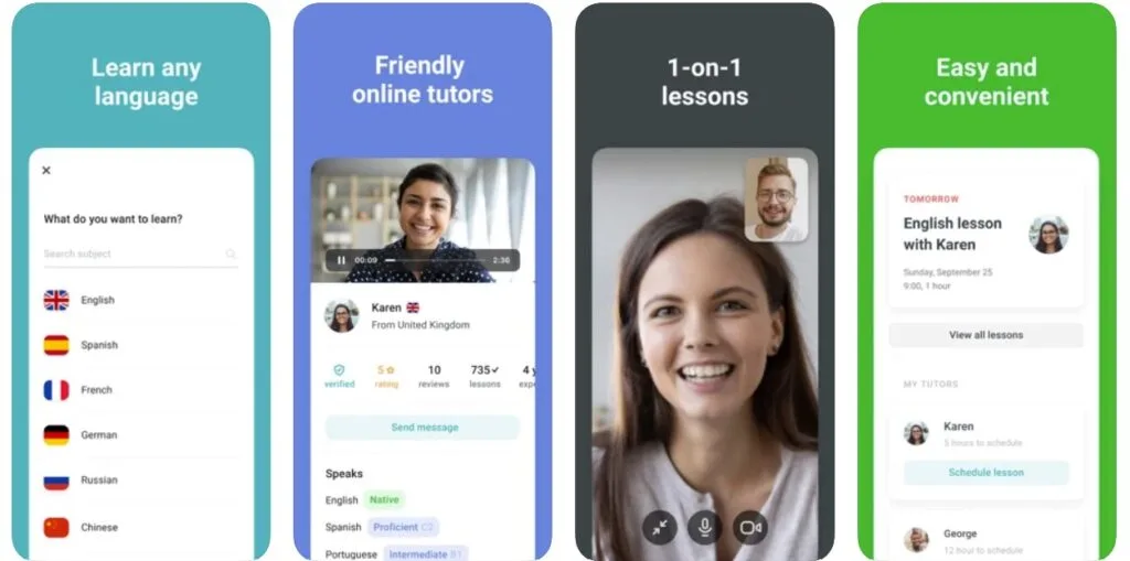 screenshots of Preply app for learning Brazilian Portuguese