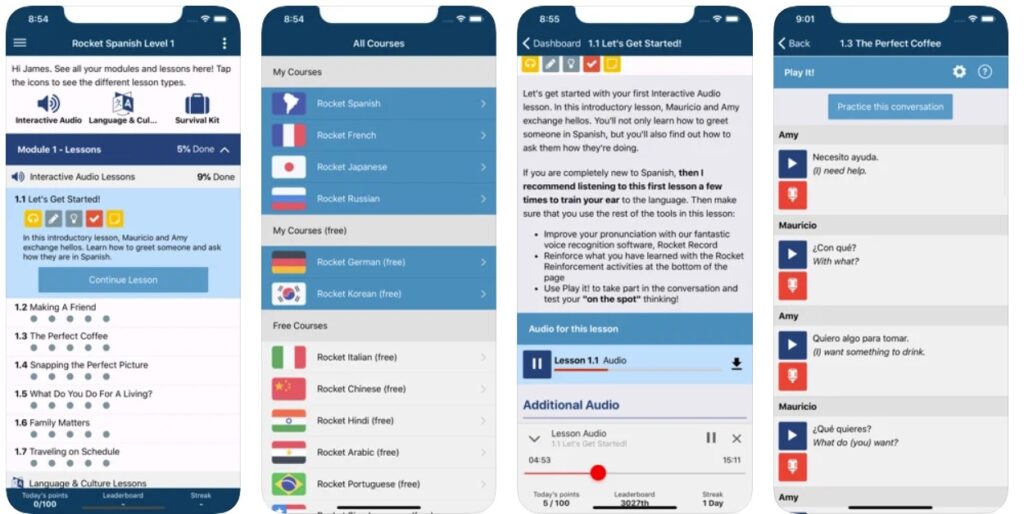 screenshots of Rocket Languages app for learning Brazilian Portuguese