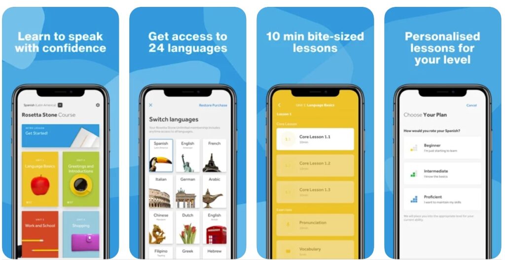 screenshots of Rosetta Stone app for learning Brazilian Portuguese 