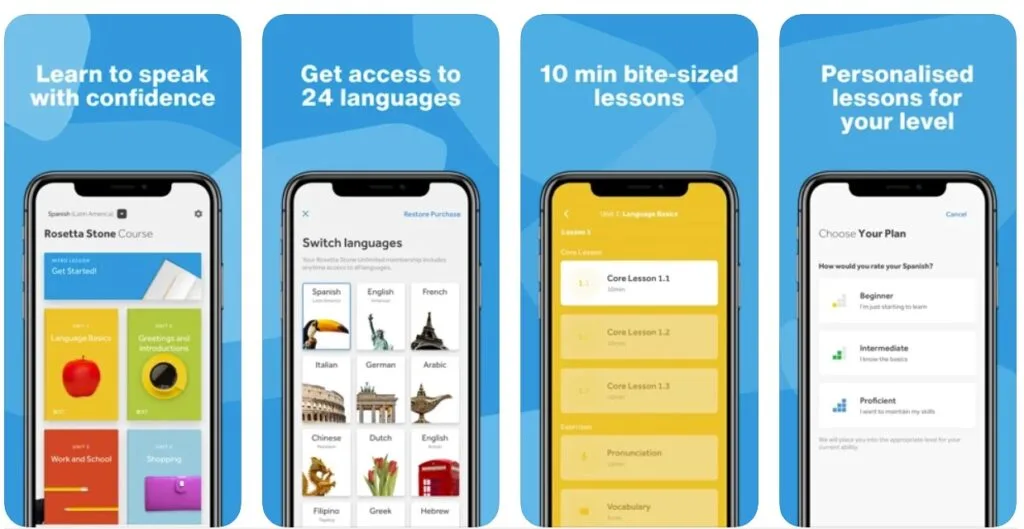 screenshots of Rosetta Stone app for learning Brazilian Portuguese 