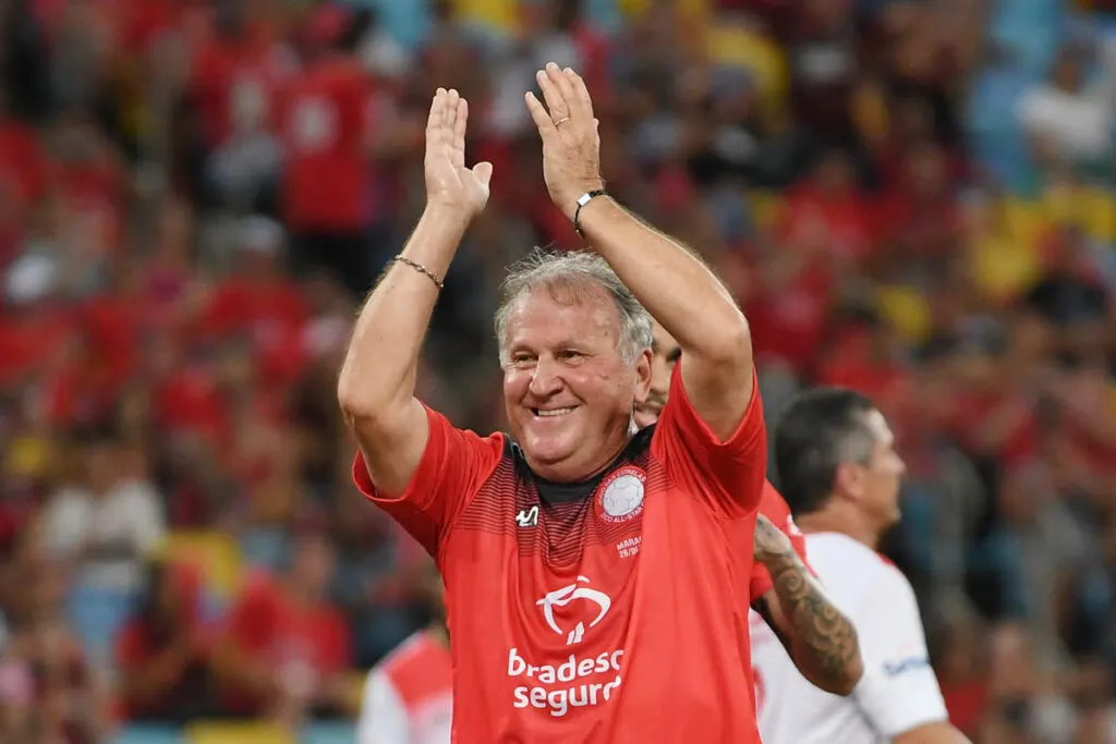 Zico, a soccer player from Brazil, celebrating a goal