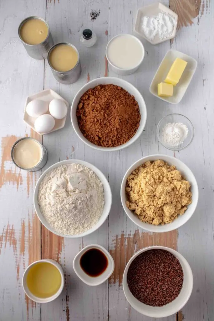 Ingredients for Brigadeiro cake recipe seen from above