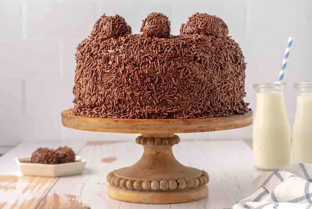 Brigadeiro cake on cake stand