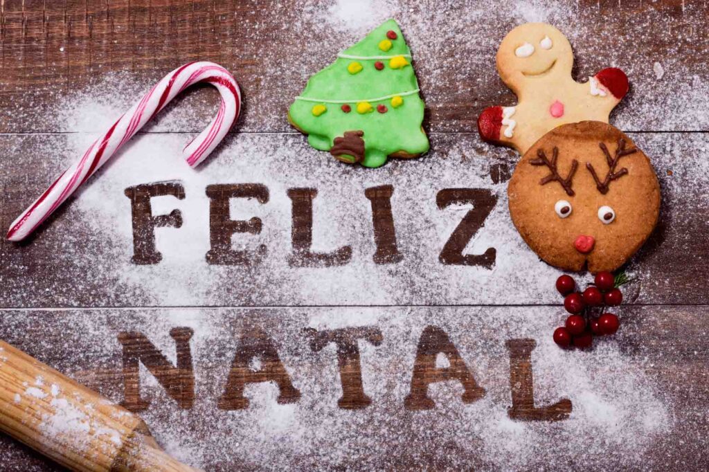 Text Feliz Natal on table, which means Merry Christmas in Brazilian Portuguese