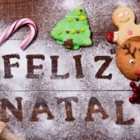 Text Feliz Natal on table, which means Merry Christmas in Brazilian Portuguese